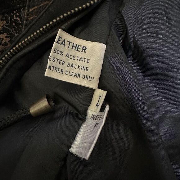 Vintage Black Bomber Leather Jacket Mixed Print Size Large - Picture 12 of 16